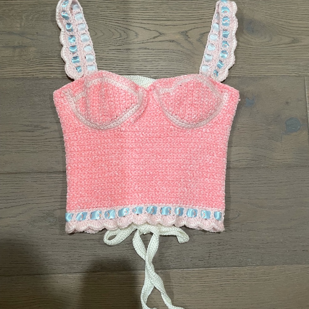 Handmade coquette style crochet velvet pastel corset w/ rainbow detail